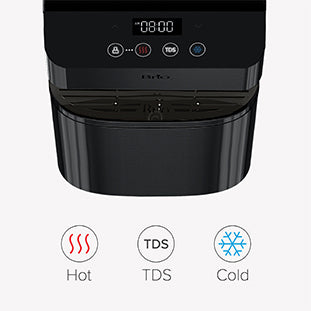 Close-up of a water dispenser panel showing buttons and a digital display, with icons below indicating hot water, TDS (total dissolved solids), and cold water functions.